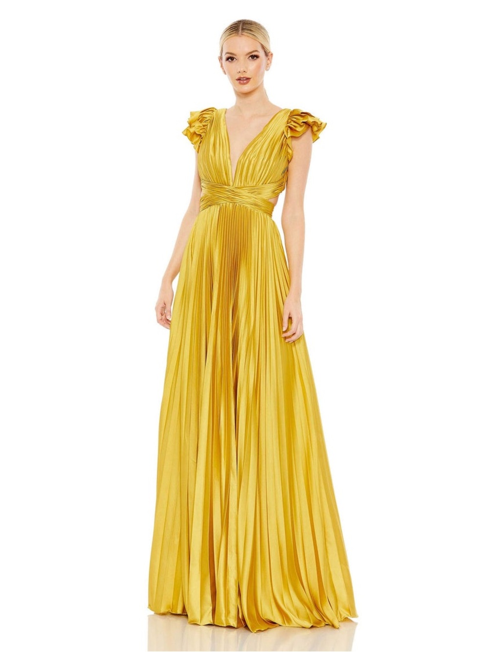 NWT Mac Duggal Gold Pleated VNeck Maxi Gown Ruffle Cap Sleeves Lace Up Back Sz 2